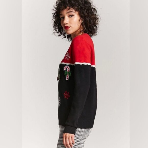 Forever 21 Red / Black Sequin Cheers Christmas Sweater - Picture 3 of 12